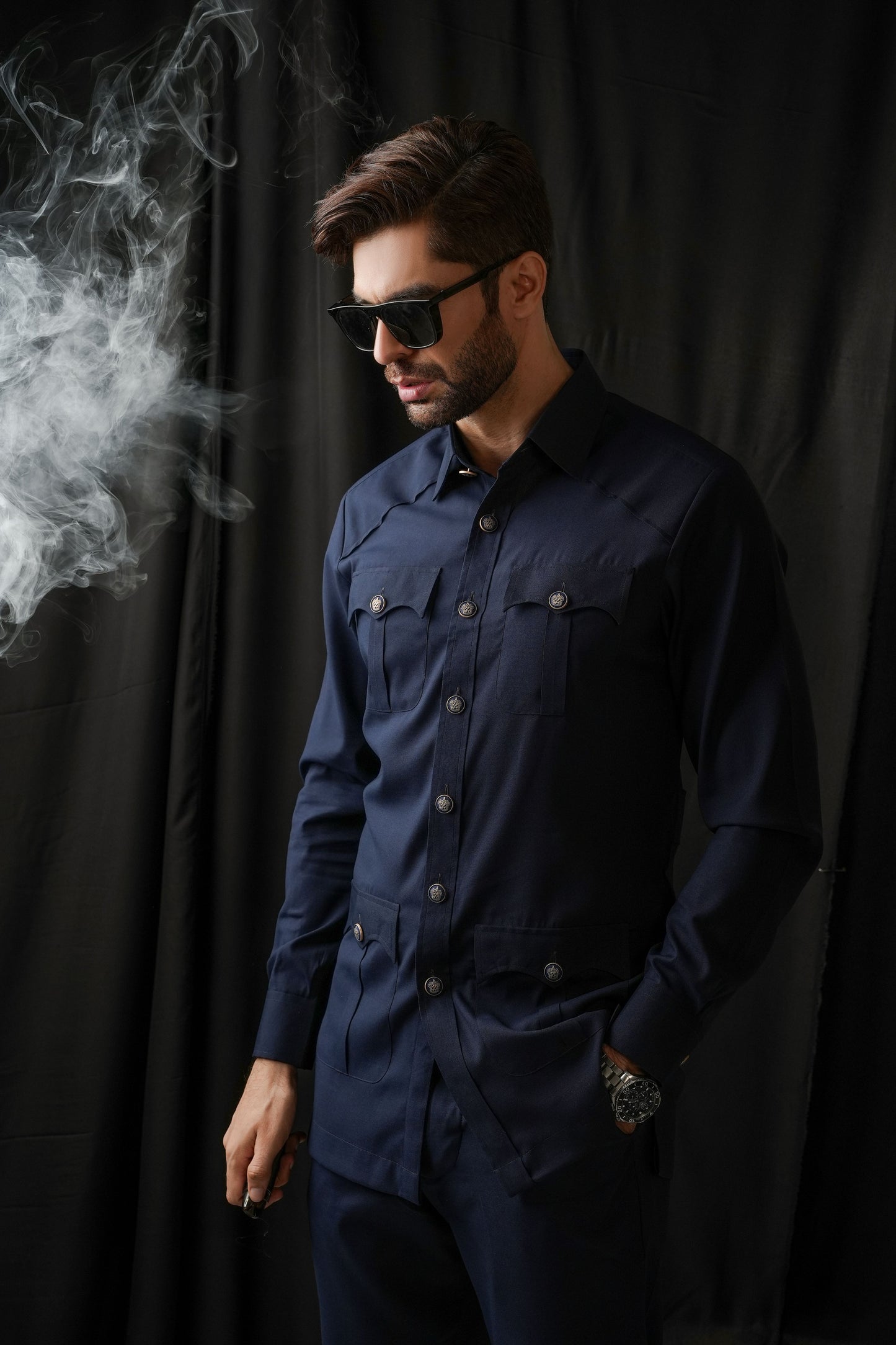 KUNZUL CHANNAR MENSWEAR - Mid-night Blue Safari Kurta Trouser