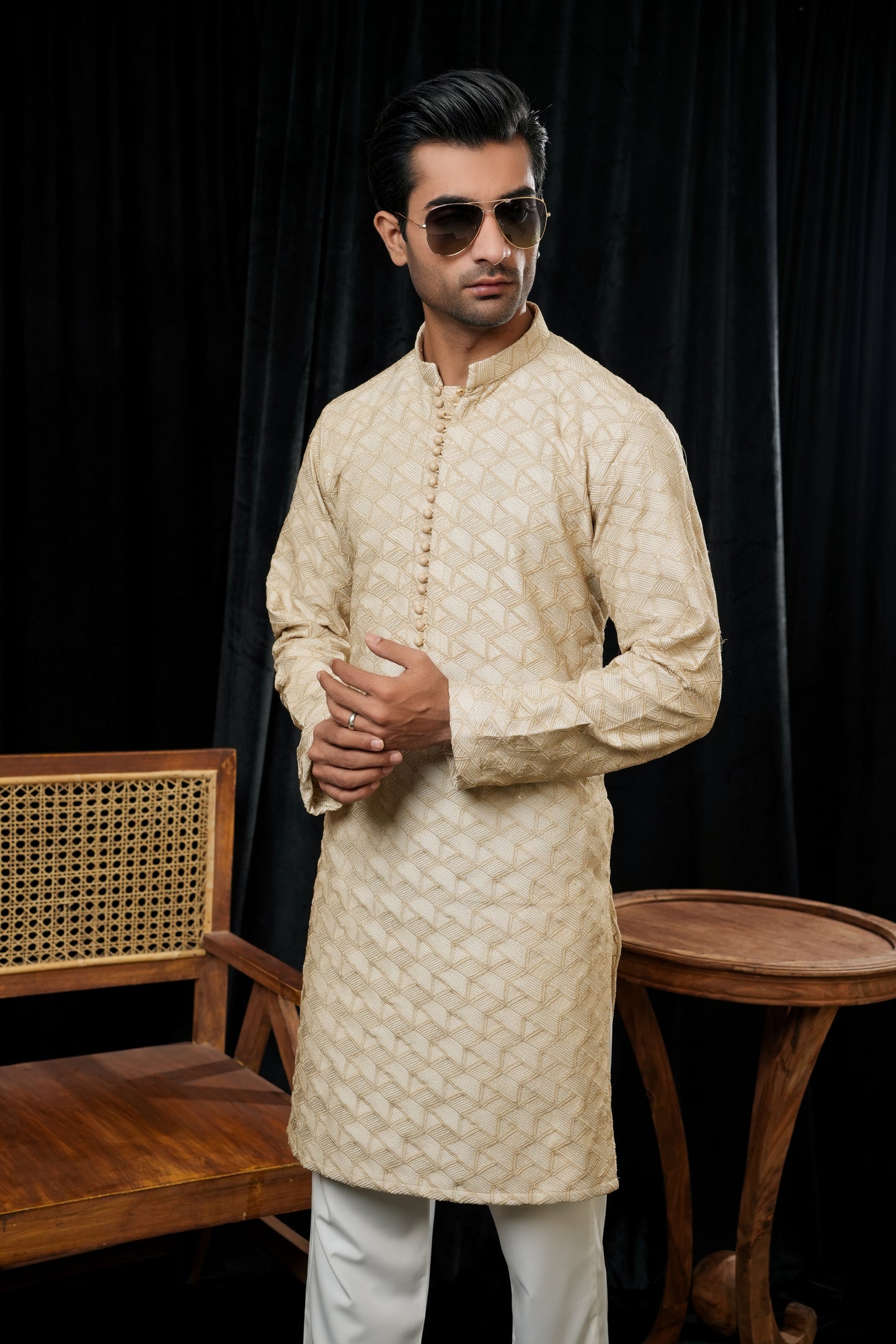 KUNZUL CHANNAR MENSWEAR - Multi Lines Golden Embroidered Kurta