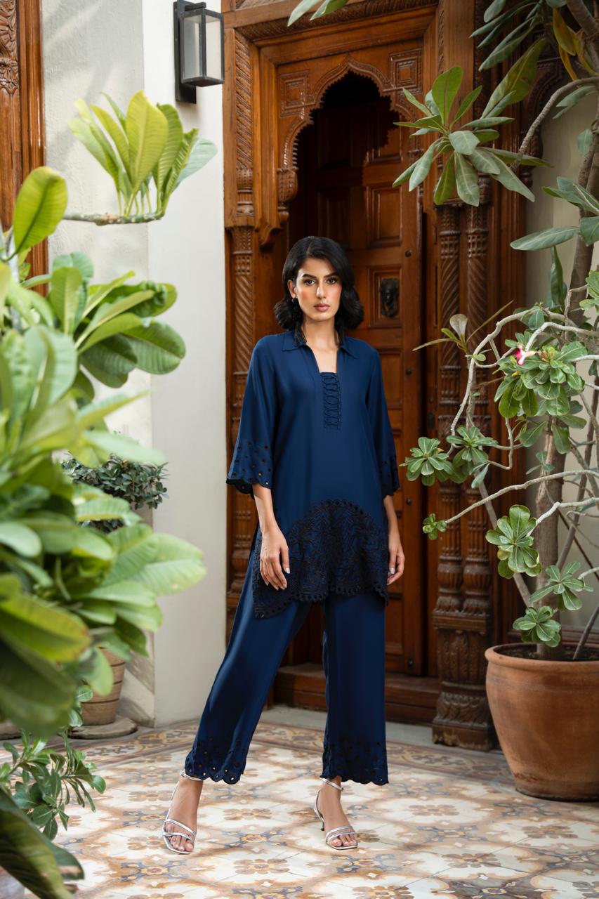 FARAH ZUBAIR - Blue with black embroidery