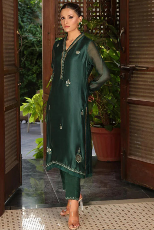AISHA AHMED - Bottle Green Khaddi Net Embroidered Suit