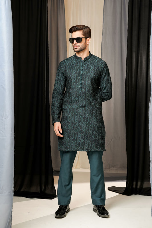 KUNZUL CHANNAR MENSWEAR - Teal Green Sequin Kurta Trouser