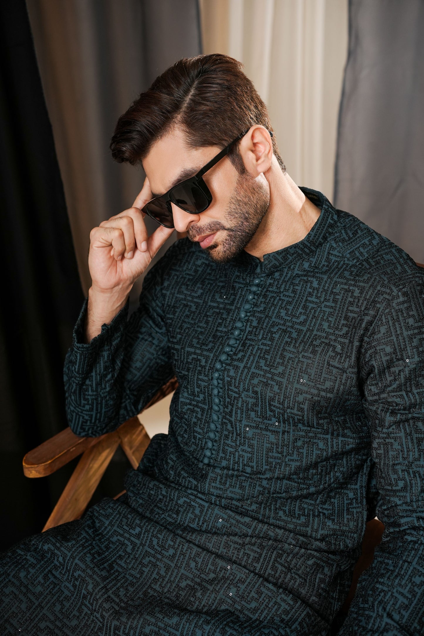 KUNZUL CHANNAR MENSWEAR - Teal Green Sequin Kurta Trouser