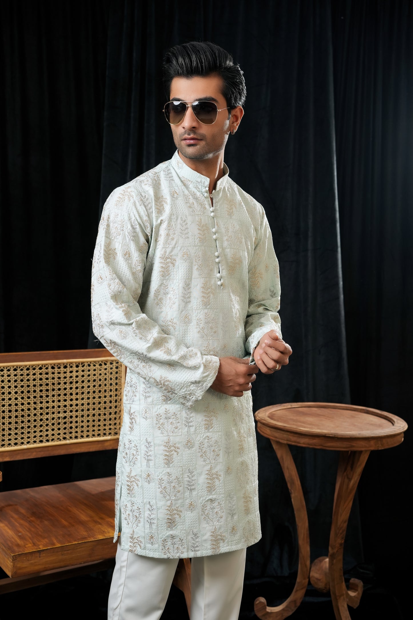 KUNZUL CHANNAR MENSWEAR - TURQUOISE SEQUIN KURTA