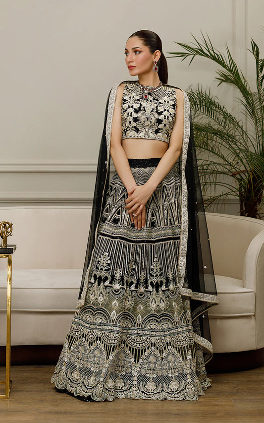 THREADS AND MOTIFS - Black Shade Net Embroidered Choli and Lengha