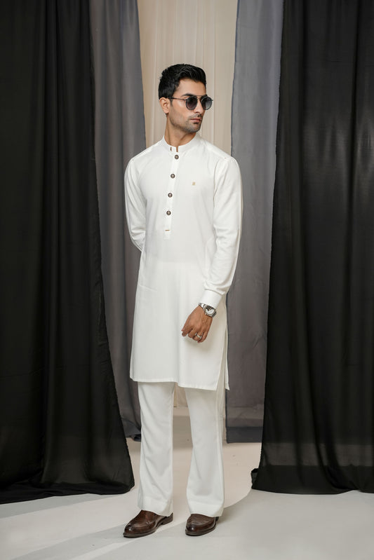 KUNZUL CHANNAR MENSWEAR - White Band Collar Kurta Trouser