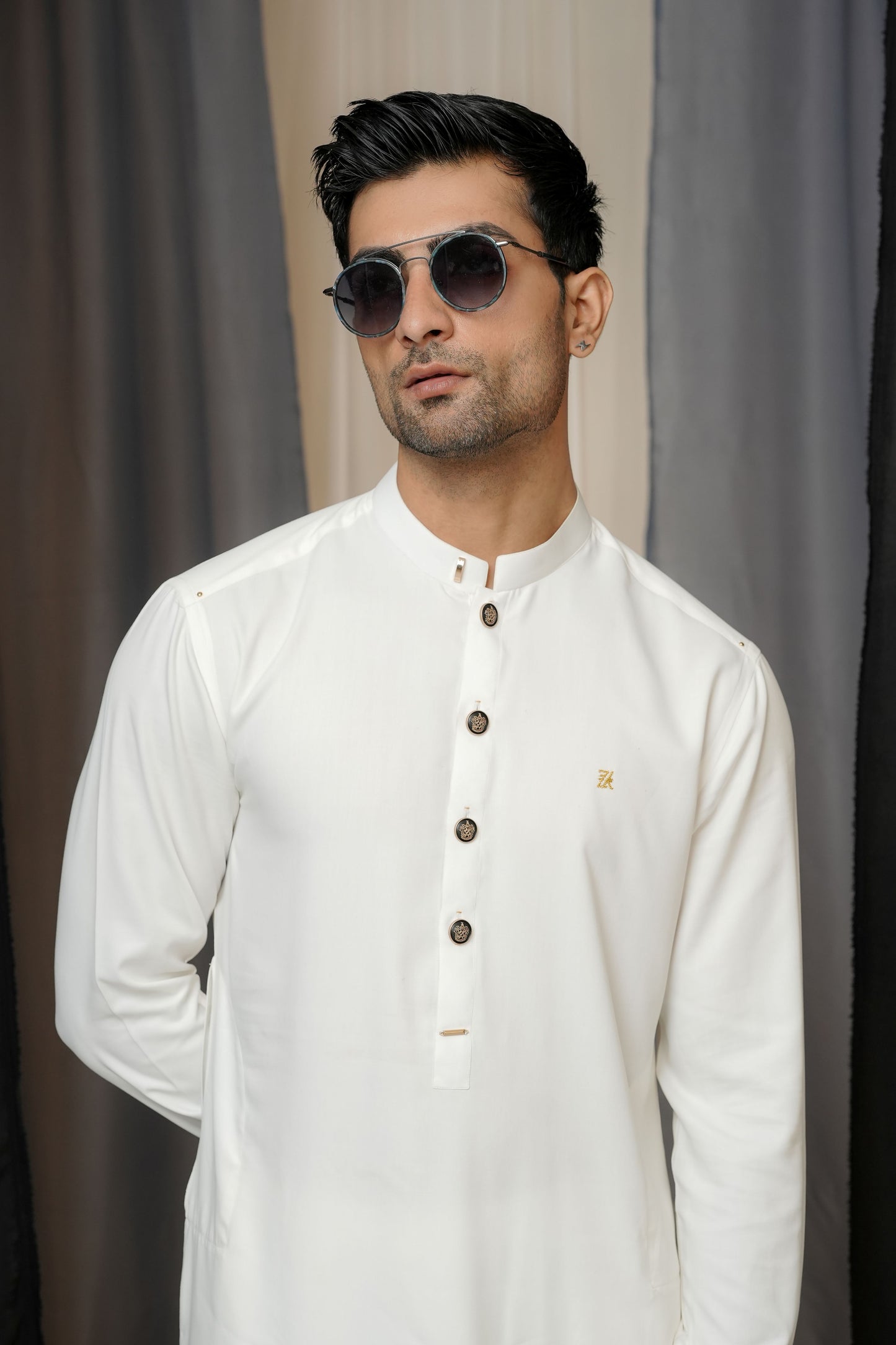KUNZUL CHANNAR MENSWEAR - White Band Collar Kurta Trouser