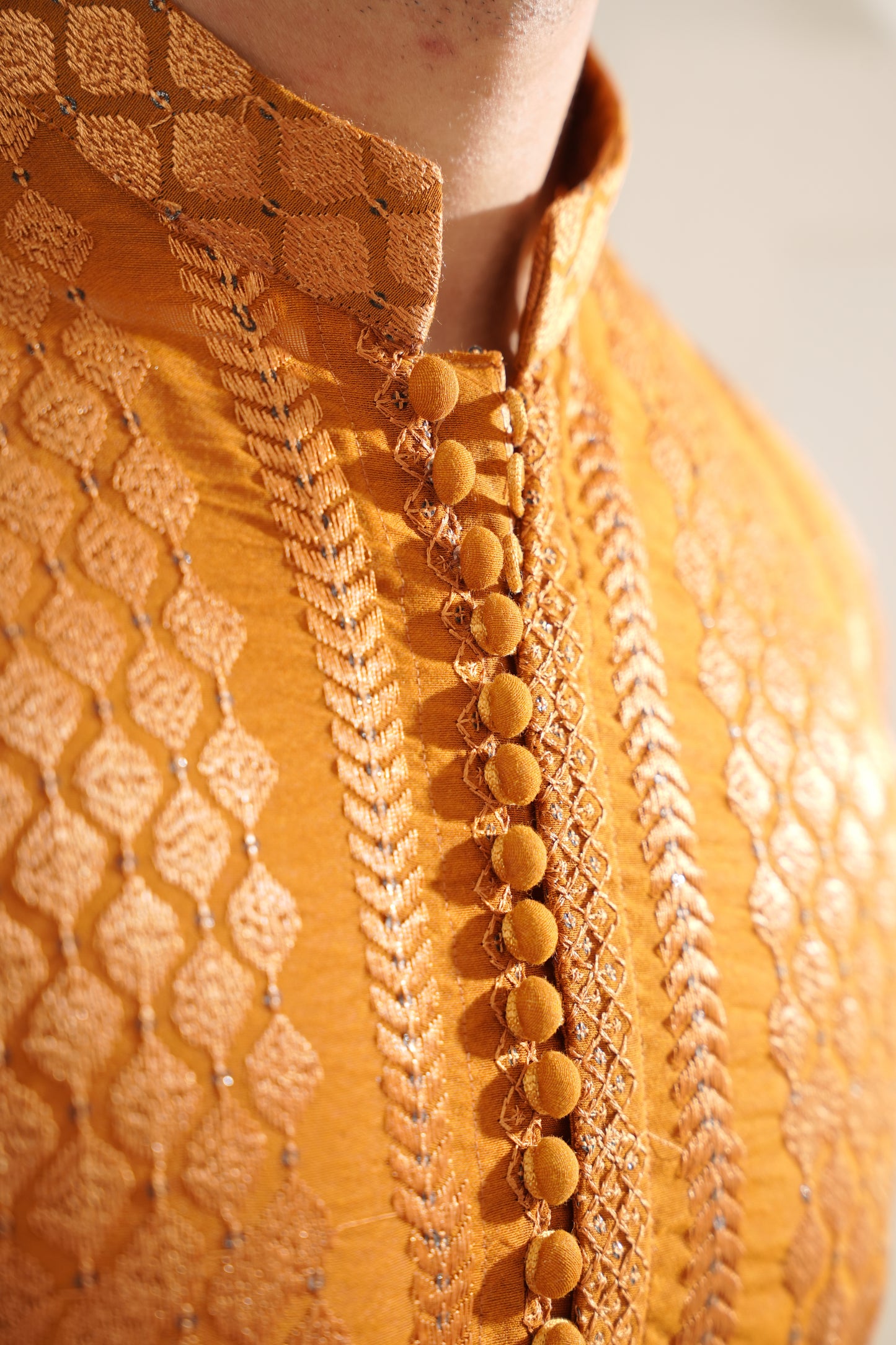 KUNZUL CHANNAR MENSWEAR - Yellow Mustard Embroidered Kurta