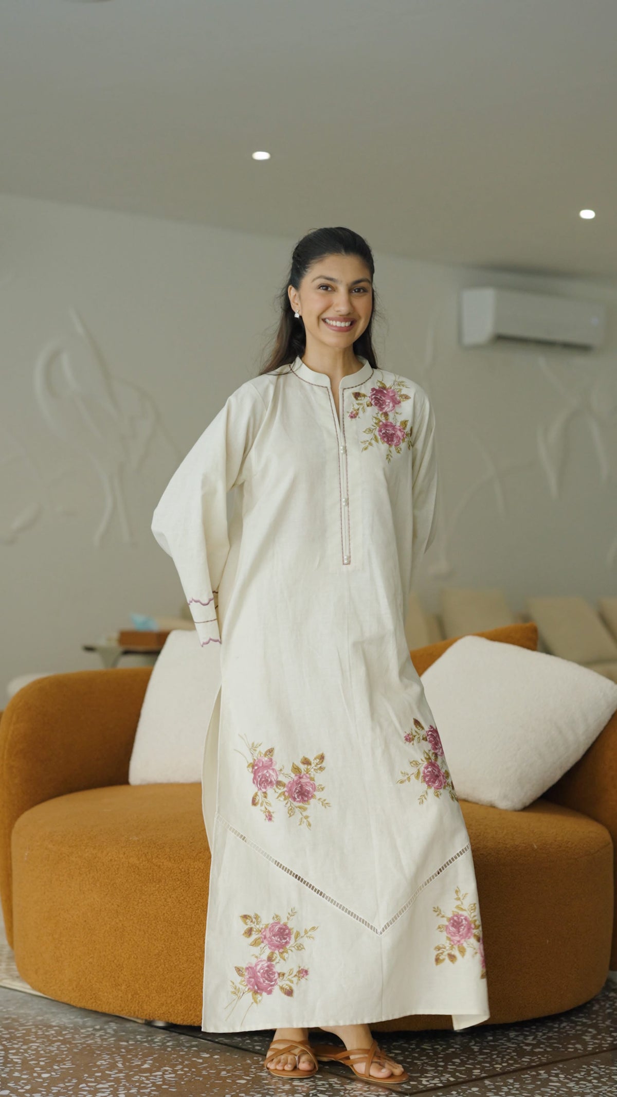 AMNA IQBAL- Beige floral kurta set