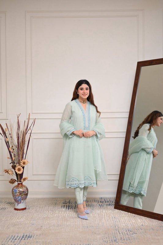 AISHA AHMED - Green Embroidered Suit