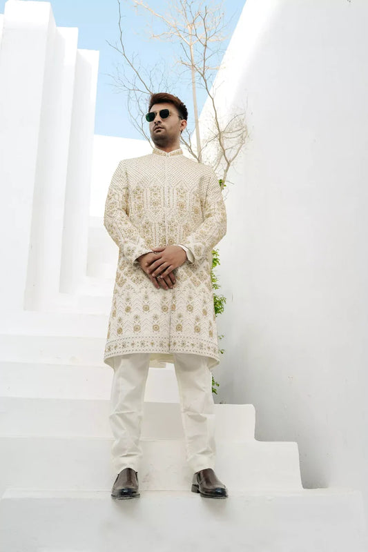 KUNZUL CHANNAR MENSWEAR-Pearl white hand work sherwani
