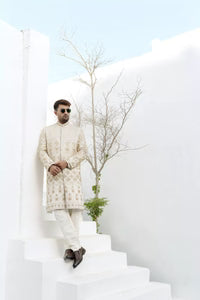 KUNZUL CHANNAR MENSWEAR-Pearl white hand work sherwani