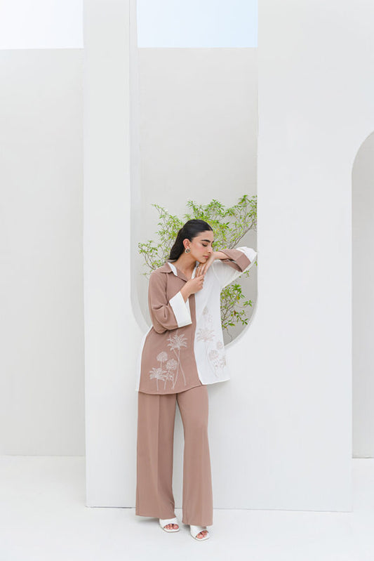 AMNA IQBAL - Brown and White Coord Set
