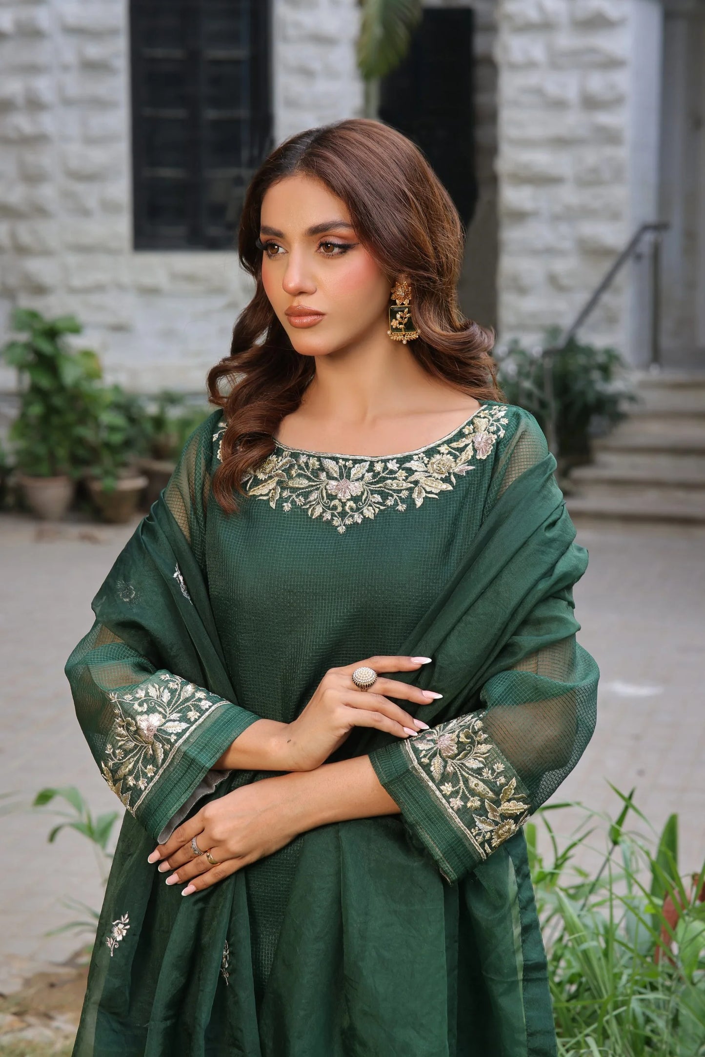 ERAM SHEIKH- Dark green  with gold sequence