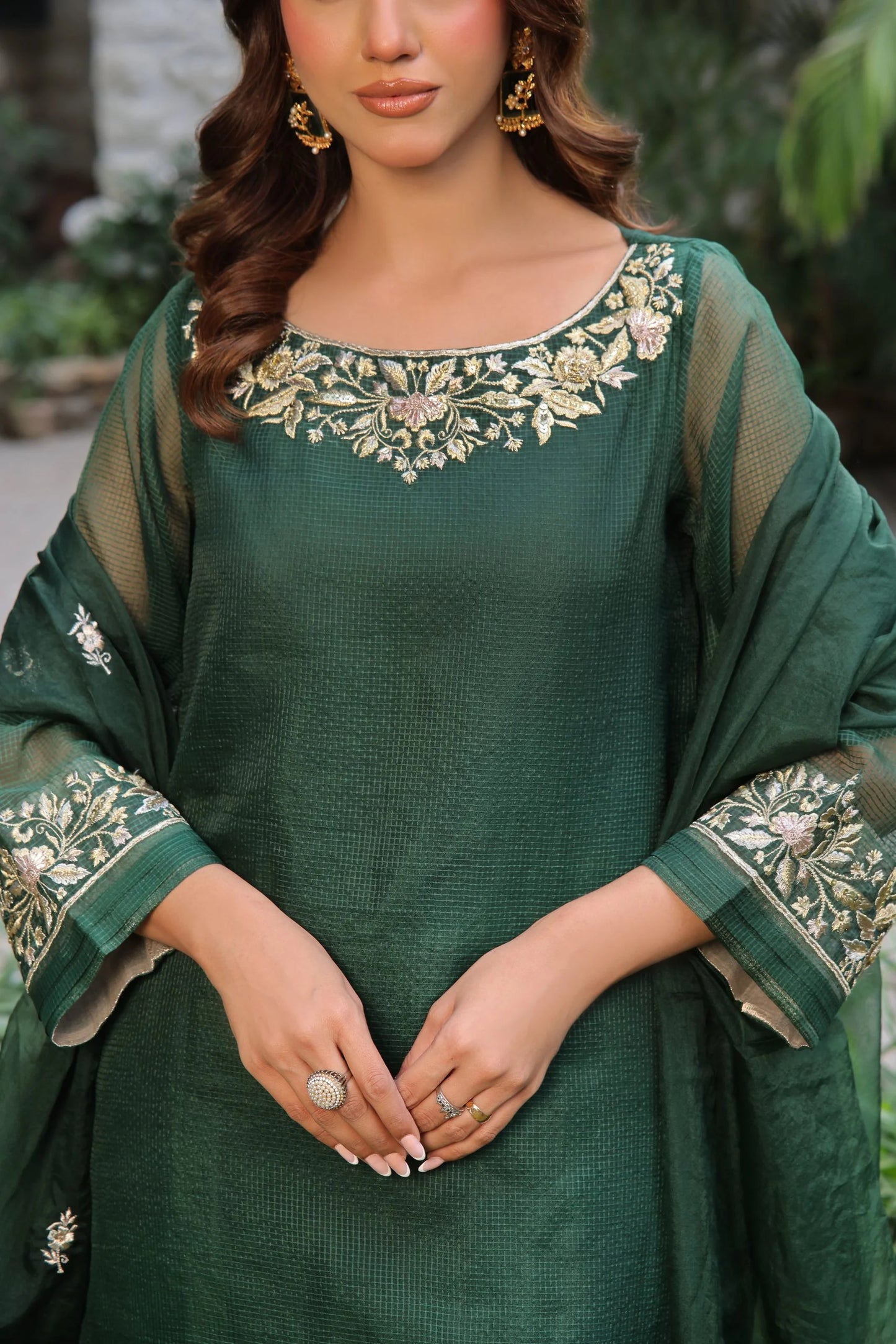 ERAM SHEIKH- Dark green  with gold sequence