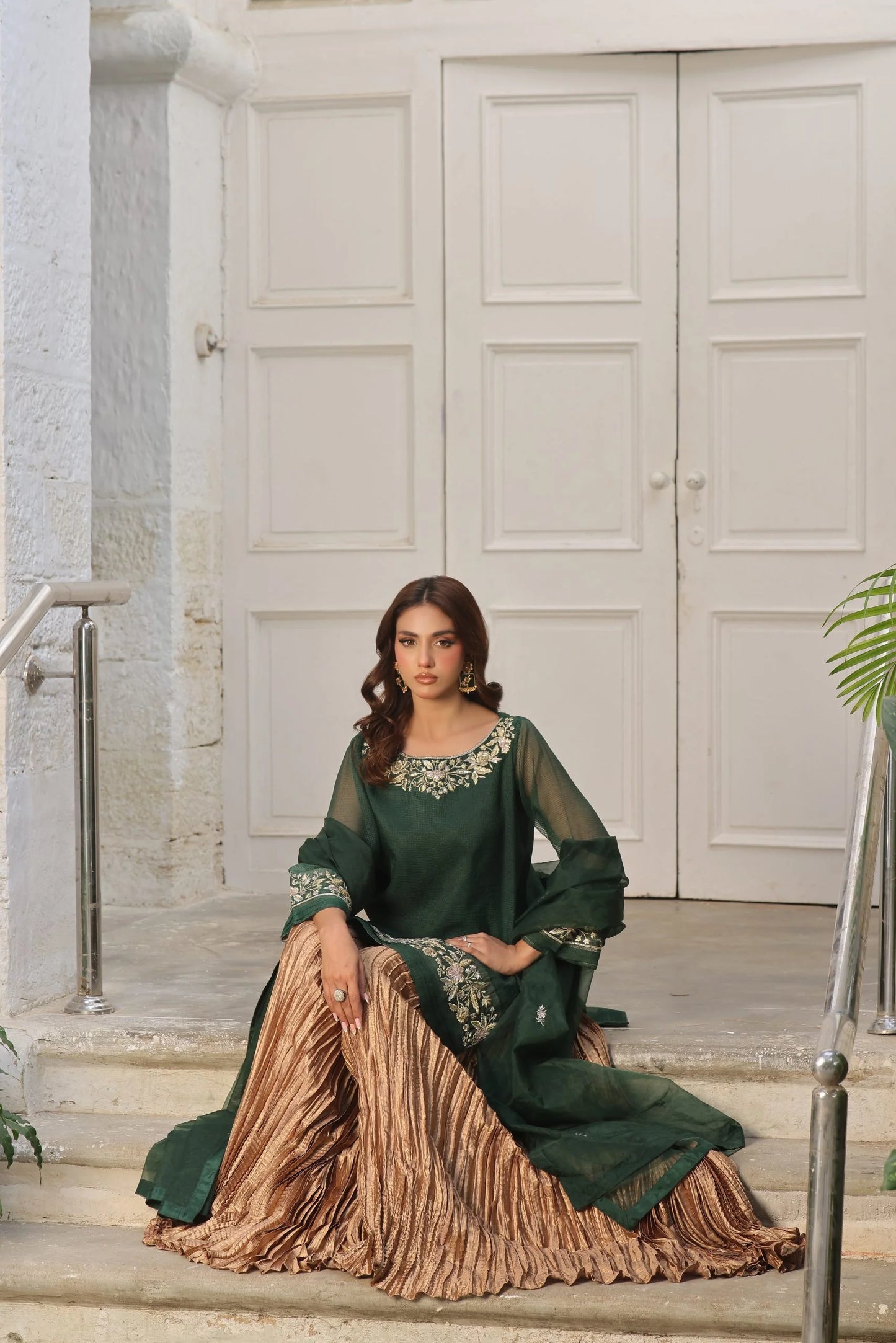 ERAM SHEIKH- Dark green  with gold sequence