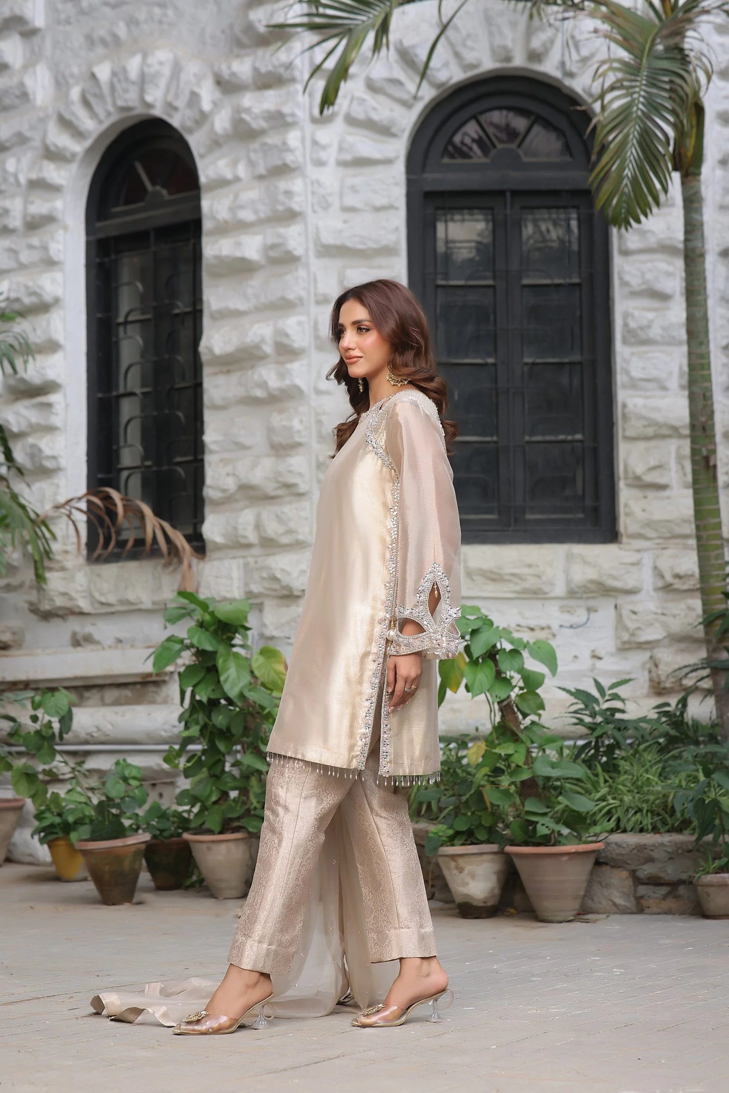 ERAM SHEIKH- Dark Beige with silver sequence