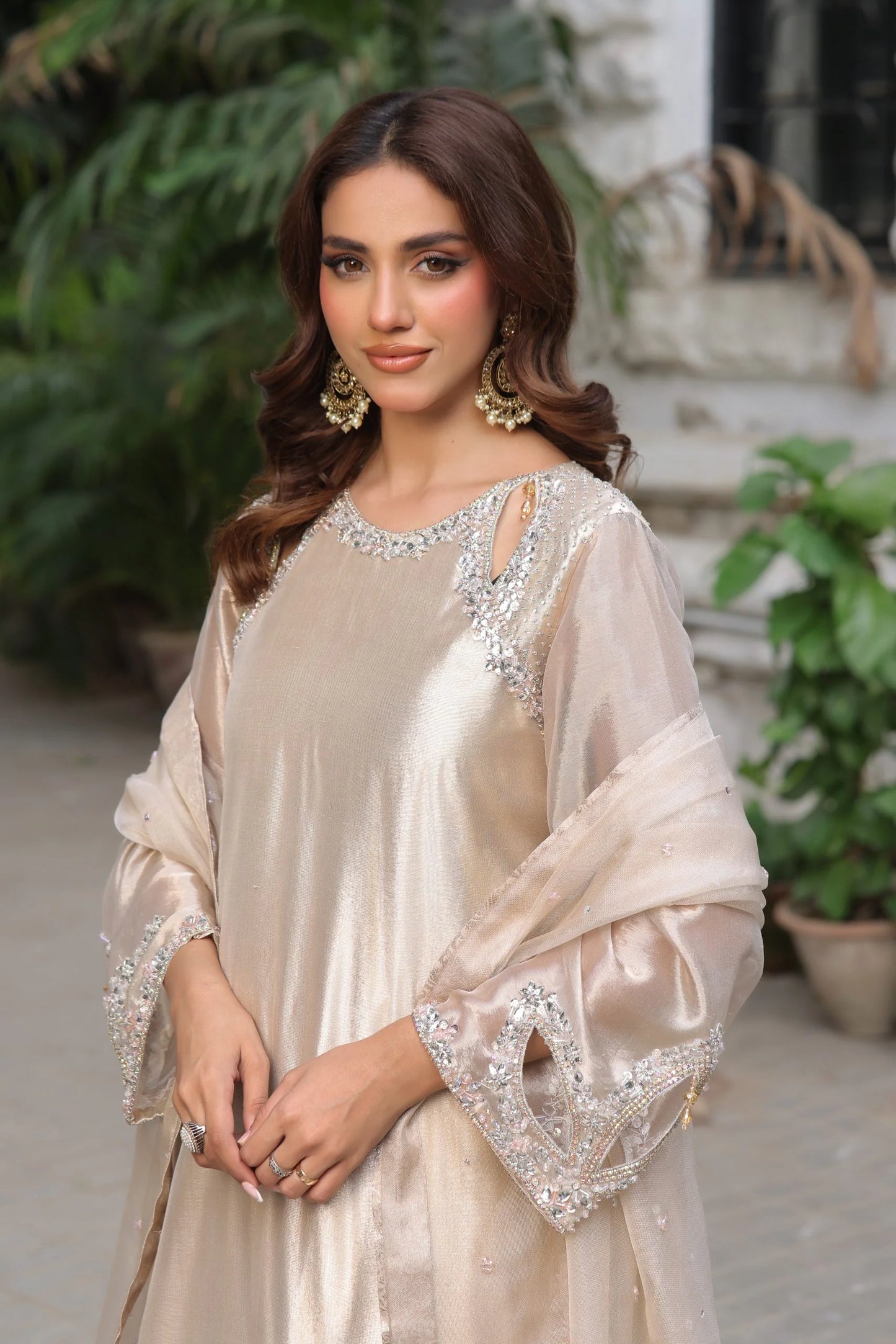 ERAM SHEIKH- Dark Beige with silver sequence