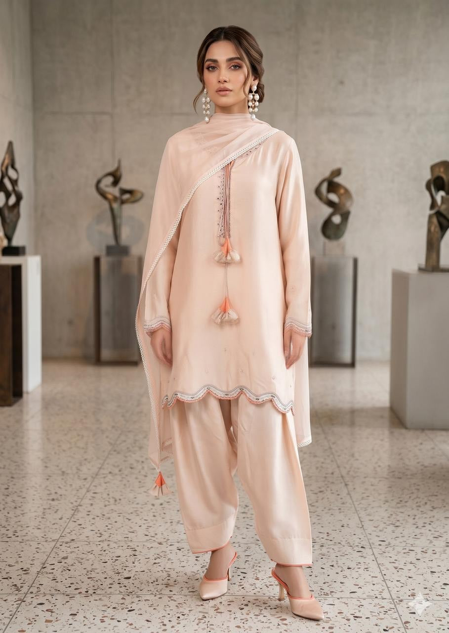 WAJEEHA ANSARI - Beige  3 Piece Silk  mirror set