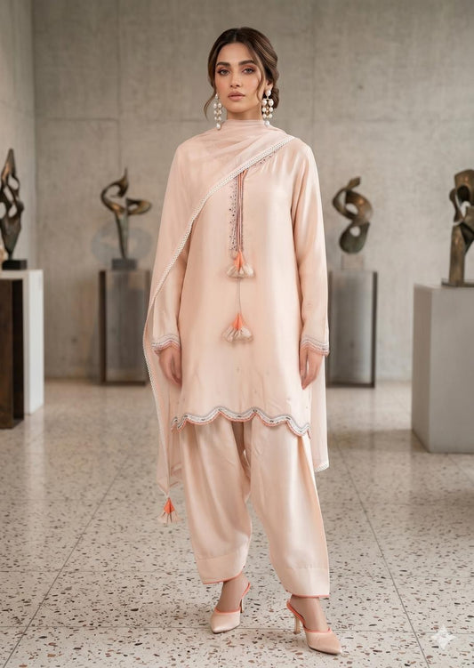 WAJEEHA ANSARI - Beige  3 Piece Silk  mirror set