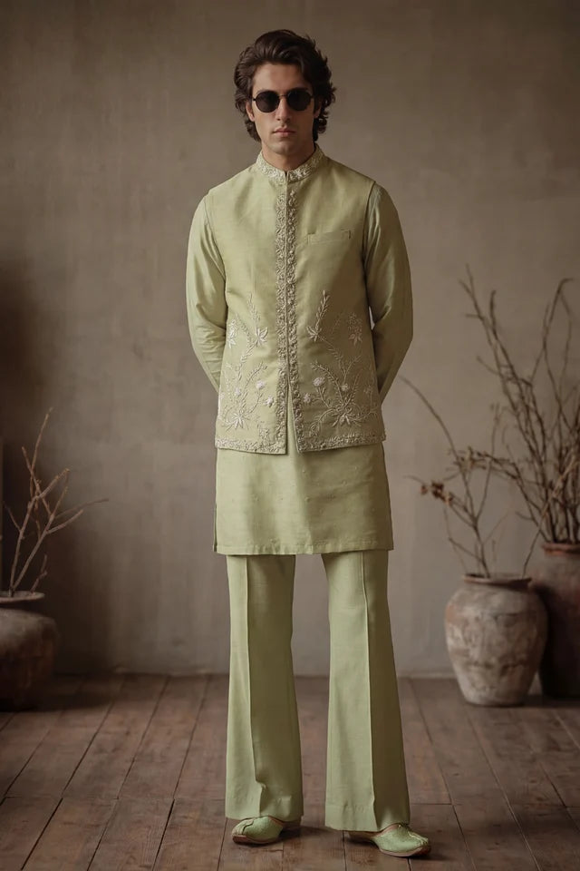 HUMAYUN ALAMGIR (MENSWEAR)-Pistachio green waist coat