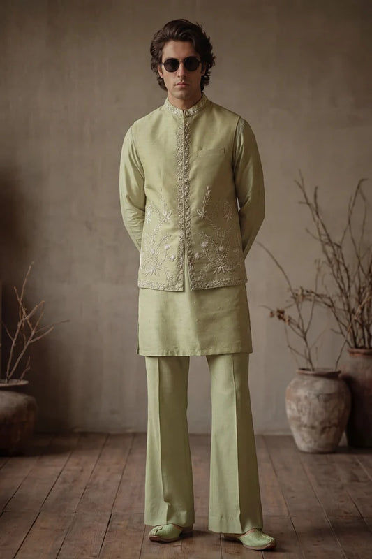 HUMAYUN ALAMGIR (MENSWEAR)-Pistachio green waist coat
