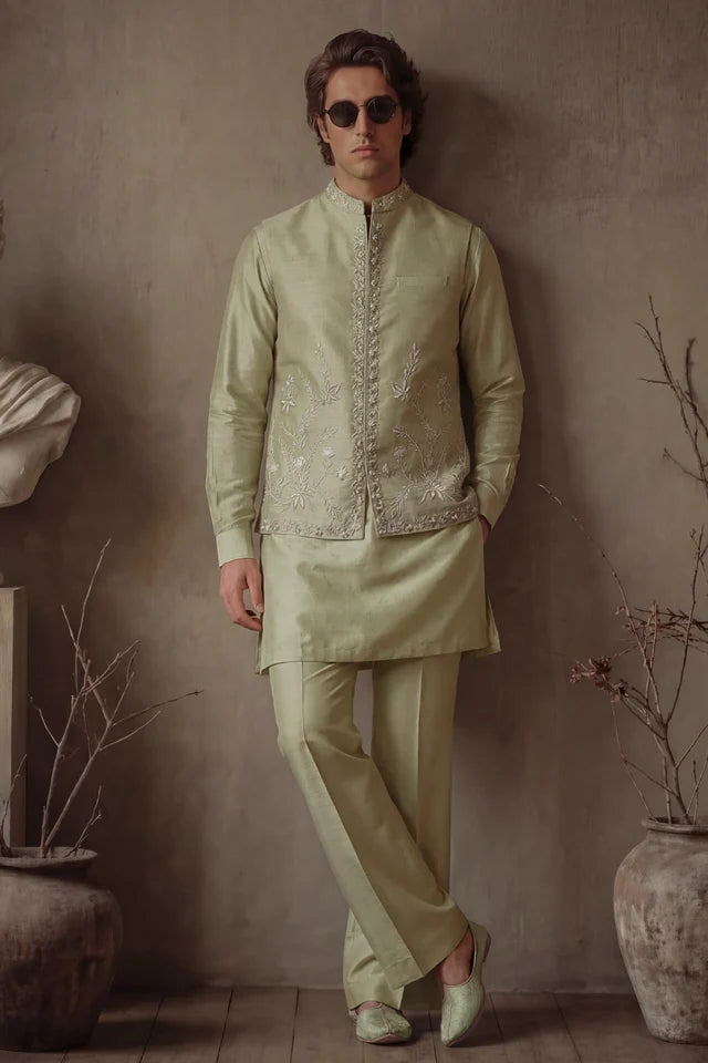 HUMAYUN ALAMGIR (MENSWEAR)-Pistachio green waist coat