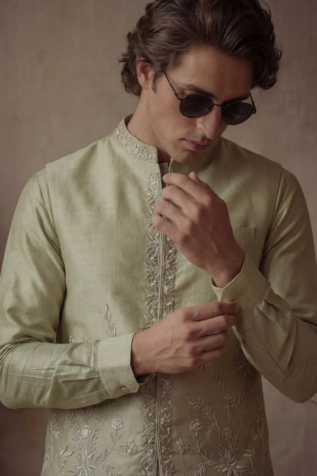 HUMAYUN ALAMGIR (MENSWEAR)-Pistachio green waist coat