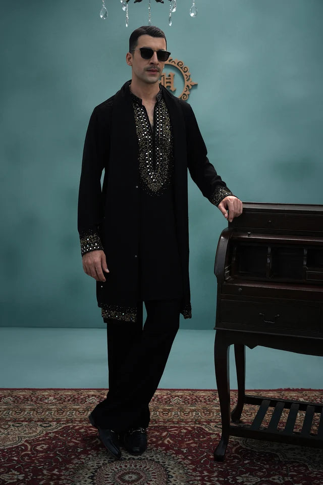 HUMAYUN ALAMGIR (MENSWEAR)-Black armani hand work with stoler