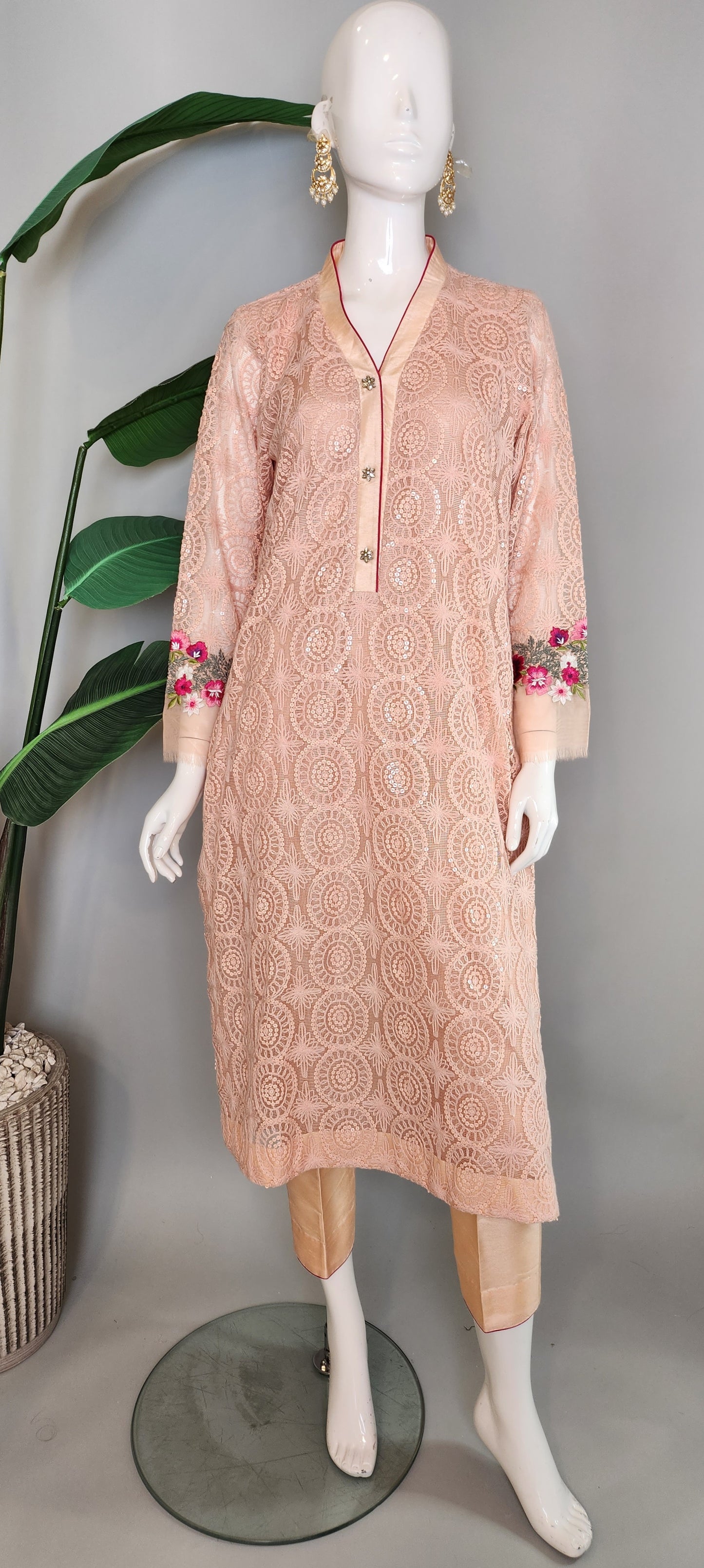 KAAM - Peach Cotton Net with floral embroidery