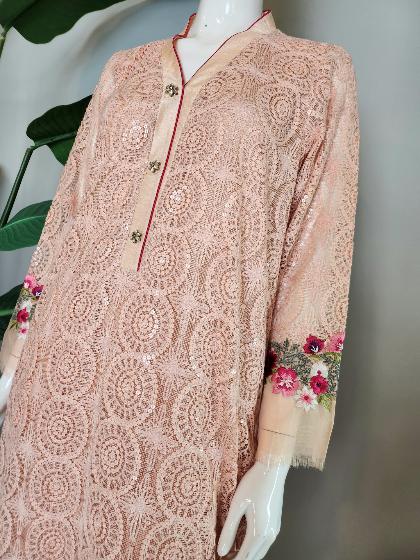 KAAM - Peach Cotton Net with floral embroidery
