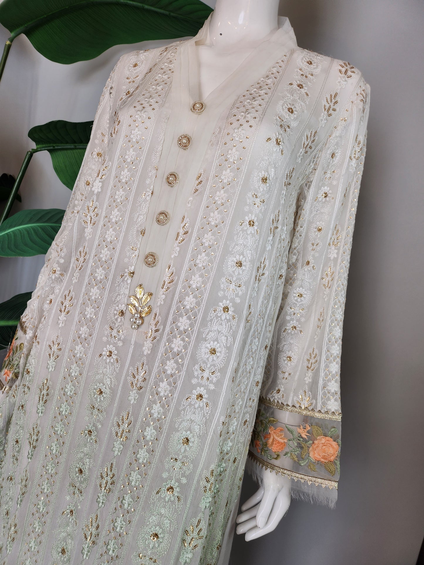 SADAF AHMAD - Sea Green Tie-dye chiffon with flower embroidery top + pant + dupatta