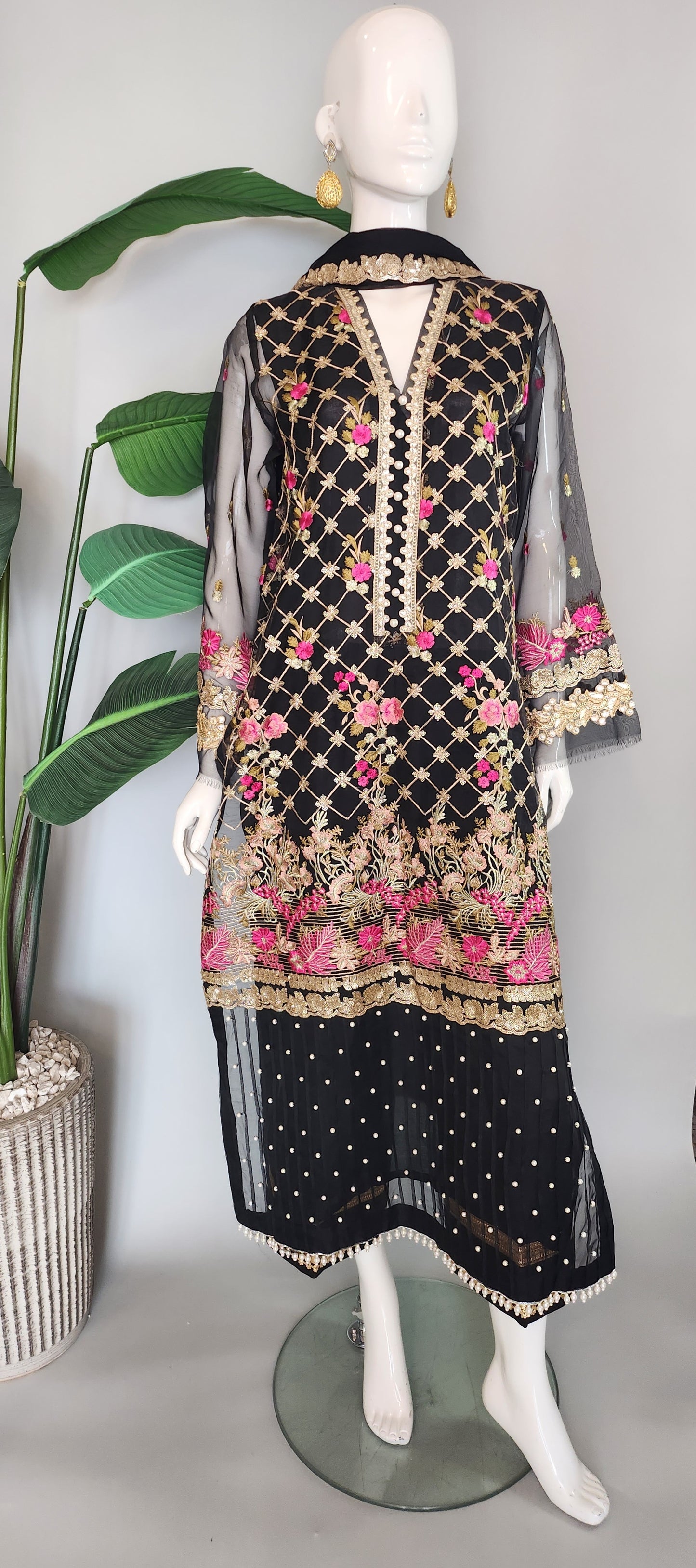 SADAF AHMAD - Black Organza Formal with pink flower embroidery and foil works top + pants + crushed dupatta