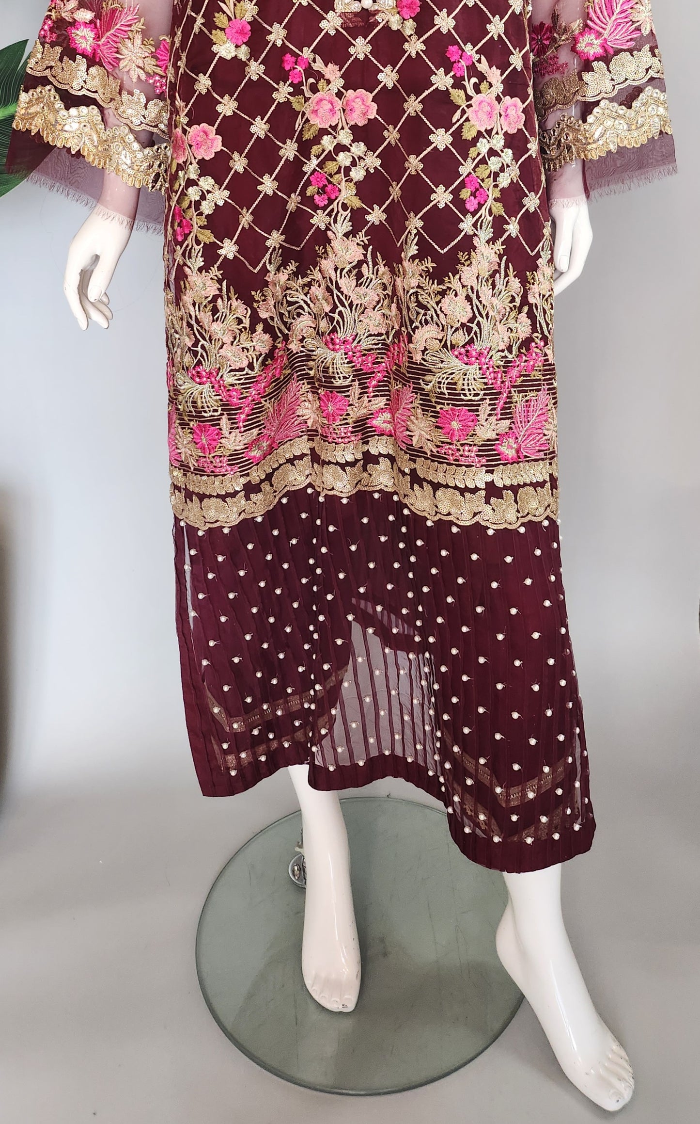 SADAF AHMAD - Maroon Organza Formal with pink flower embroidery and foil works top + pants +dupatta