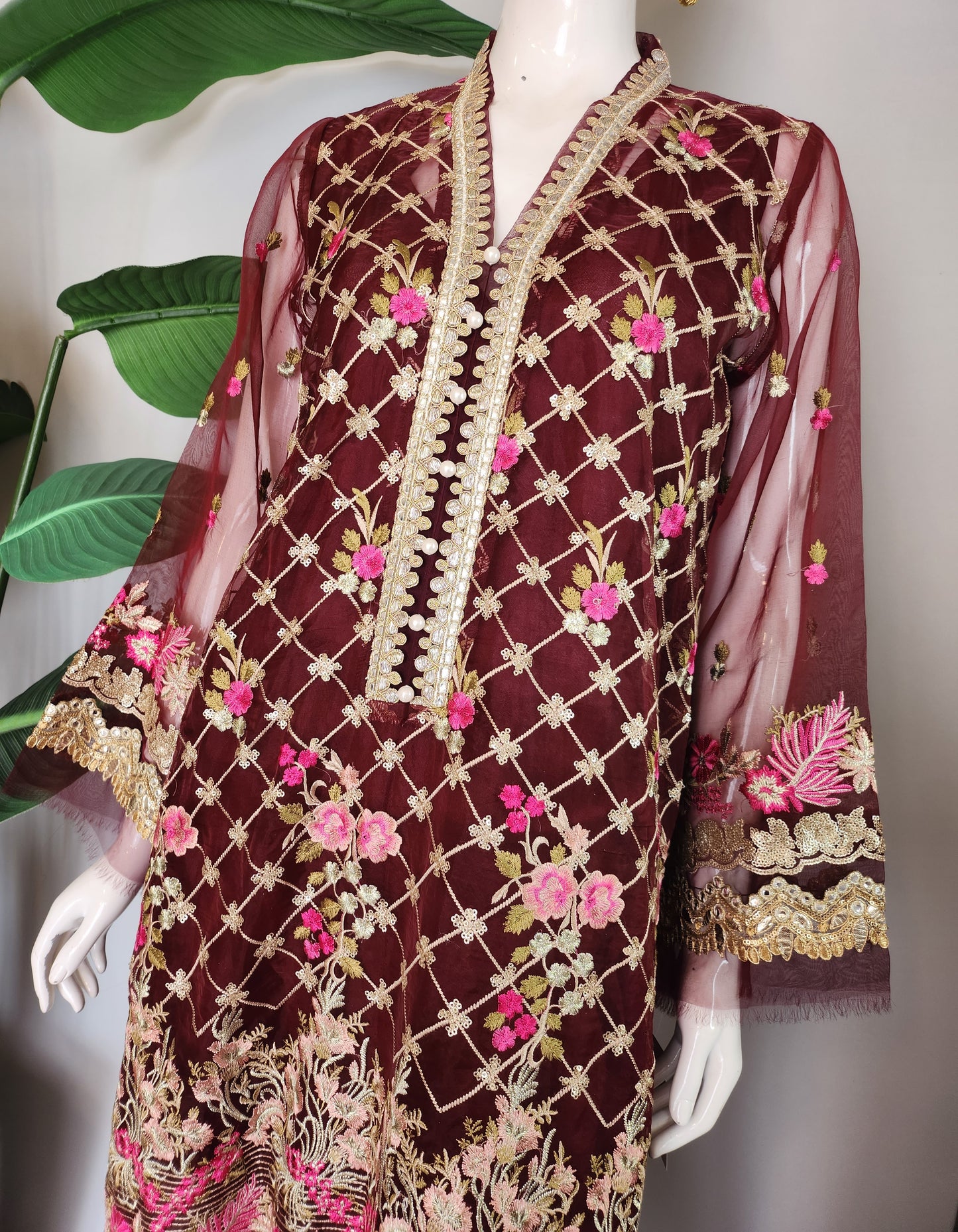 SADAF AHMAD - Maroon Organza Formal with pink flower embroidery and foil works top + pants +dupatta