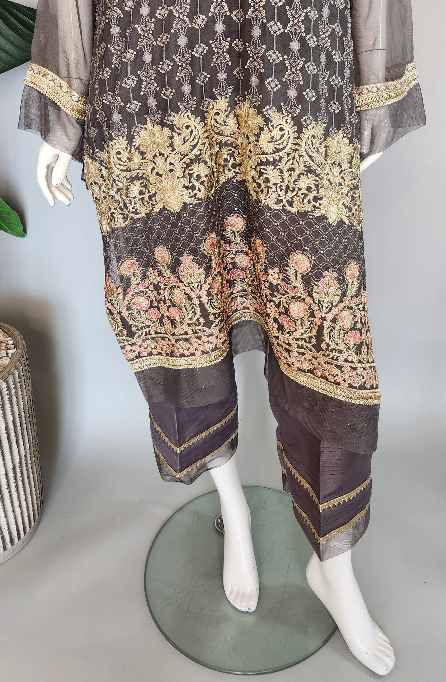 SADAF AHMAD - Dark Grey Chiffon with embroidery and gota