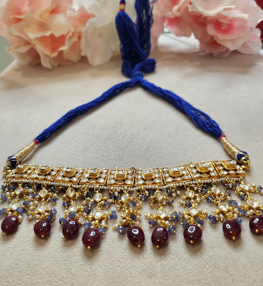 VINANTI MANJI JEWELRY - Kundan Choker  with hanging fresh pearls and ruby stones