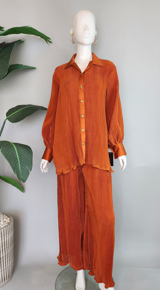 Hafsa Malik - Burnt Orange Crinkle Silk Coord Set