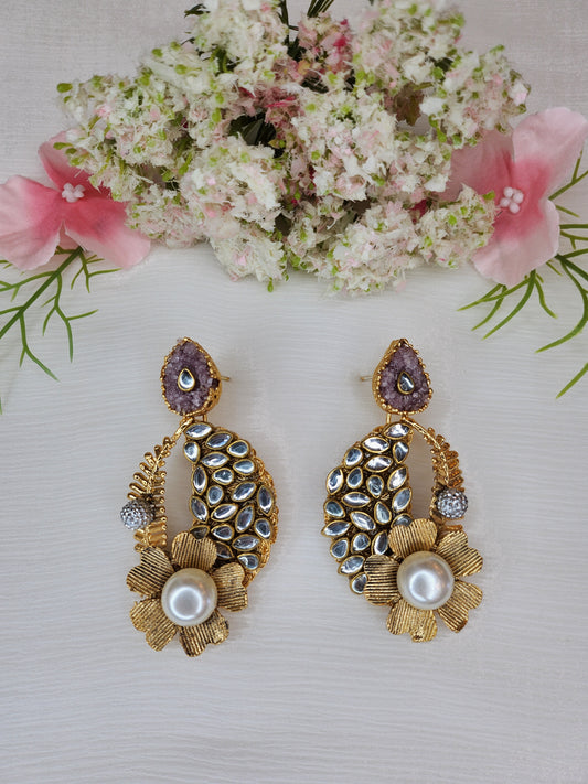 HAMSA JEWELRY - Big Earrings with Kundan and lilac gemstone