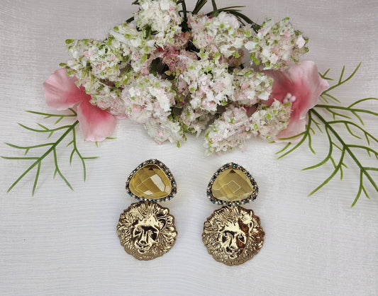 HAMSA JEWELRY -  Gold plated Lion head with Light yellow gemstone earrings