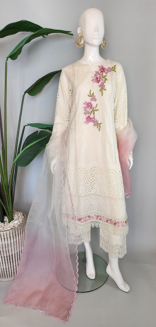 AYESHA MAHMOOD - Off White Chikan with embroidery
