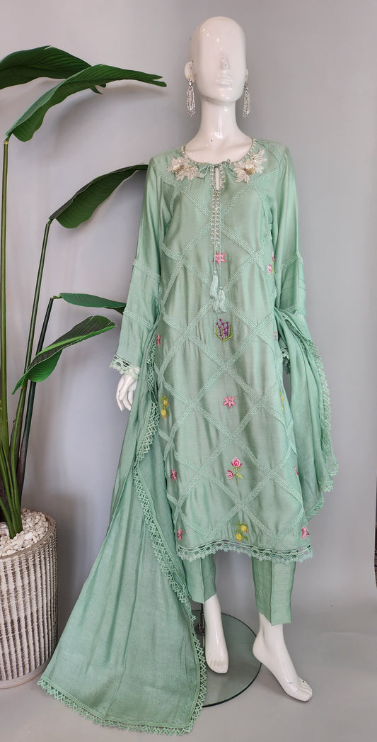 AYESHA MAHMOOD - Aqua Green Embroidered Full Suit