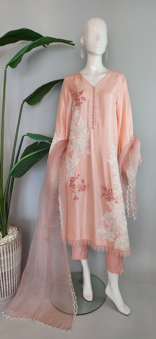 AYESHA MAHMOOD - Peach Raw Silk Embroidered Suit