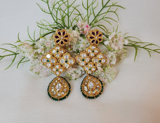 VIVINIA JEWELRY - Gold Finish Kundan and Green Drop Earrings