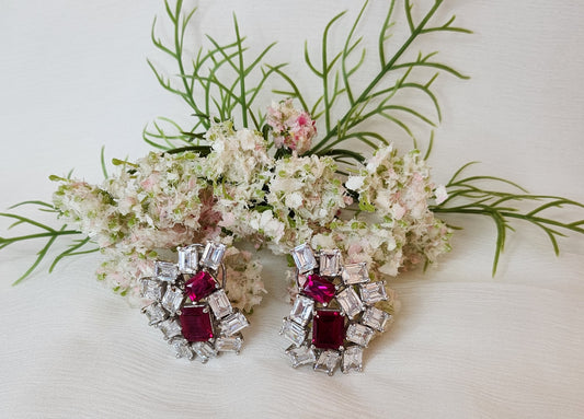 VIVINIA JEWELRY - Red Stones and Zircon in square cut Earrings