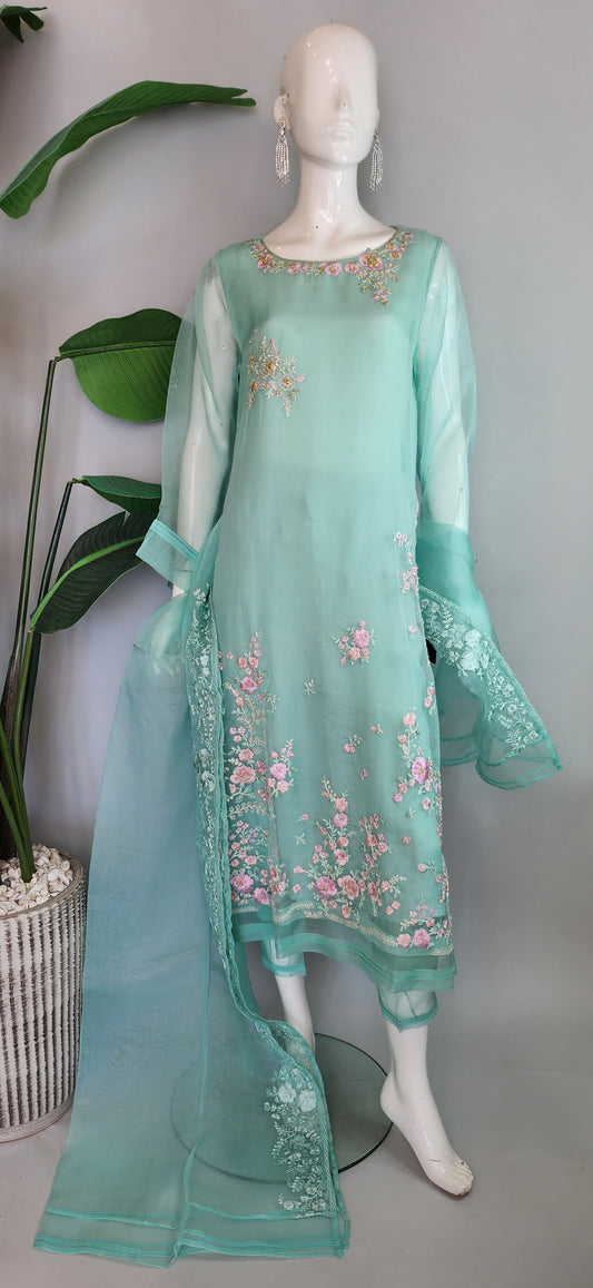 AGHA NOOR - Sea Green Embroidered Suit