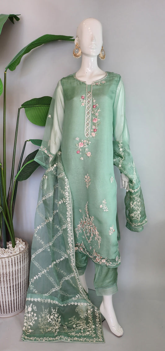 AGHA NOOR - Pista Green Embroidered Suit