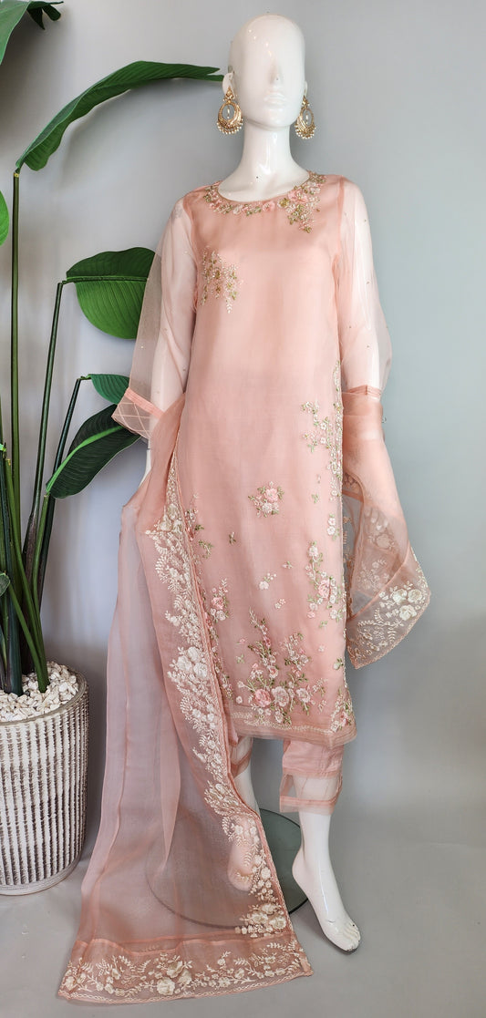 AGHA NOOR - Peach Embroidered Suit