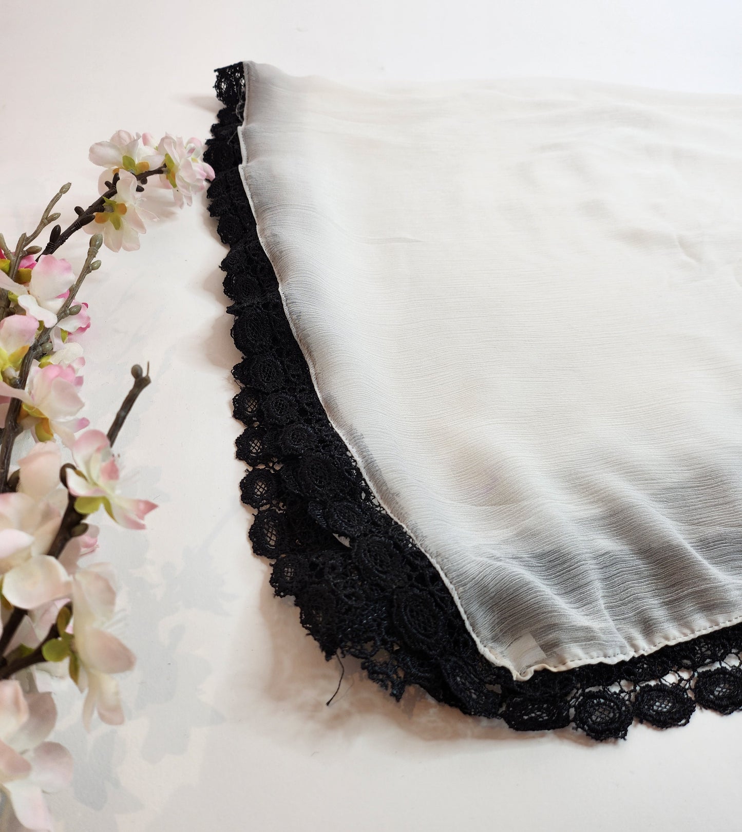 SABEEN MANEKIA - White  Chiffon Black Lace Dupatta