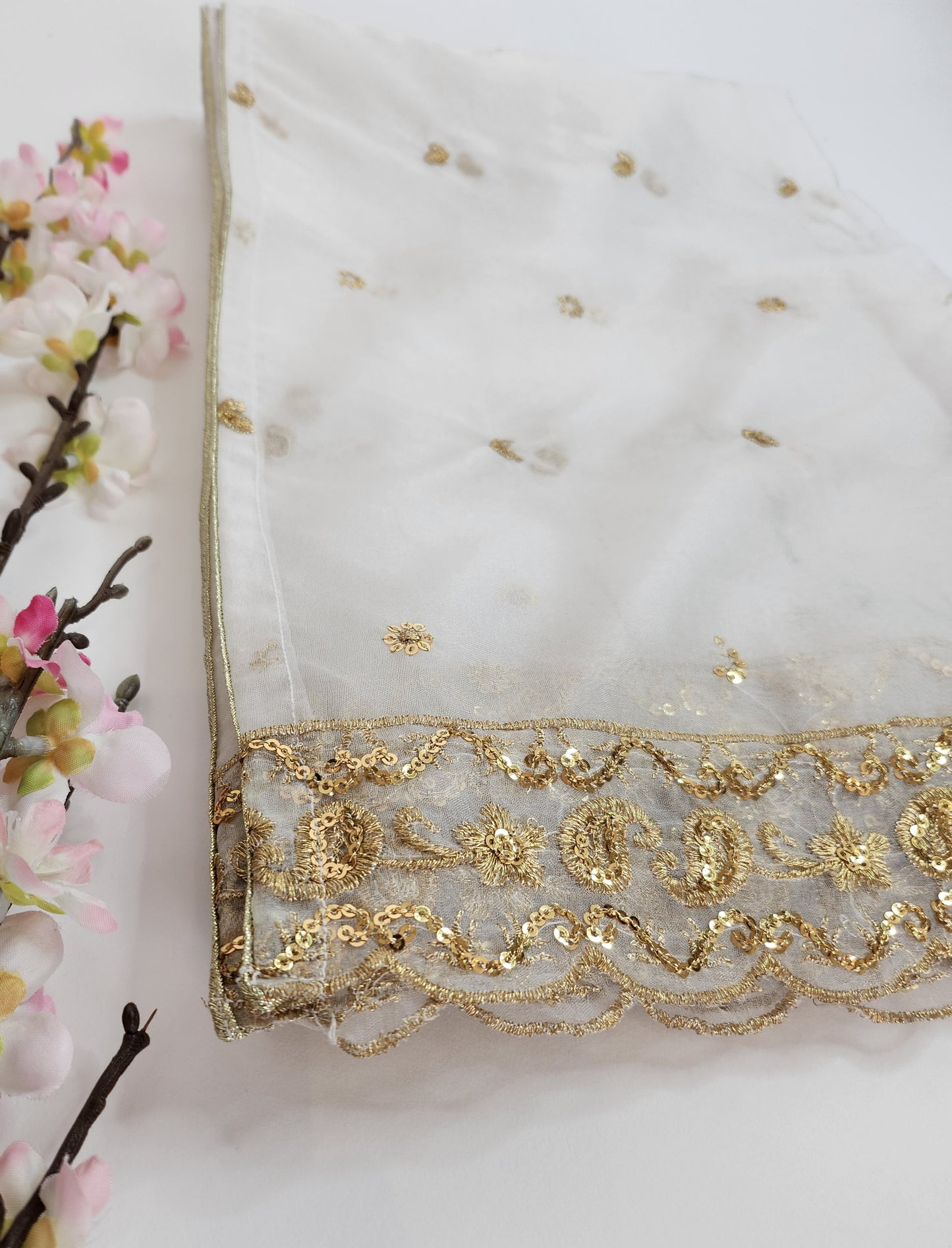 SABEEN MANEKIA - White  Organza with Gold Zig Zag Borders