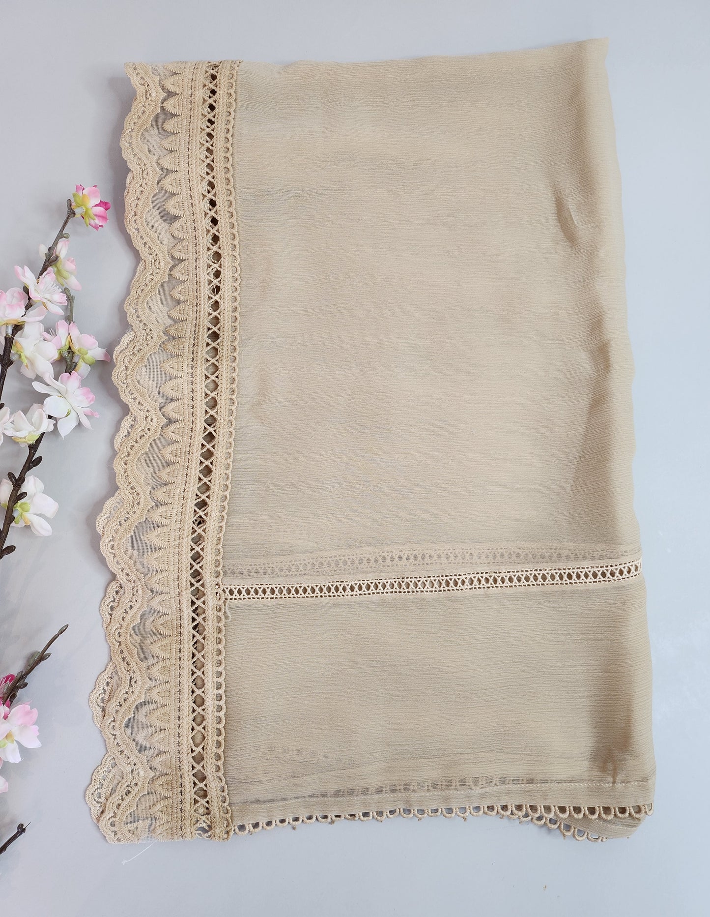 SABEEN MANEKIA - Dark Beige Chiffon Dupatta with Lace